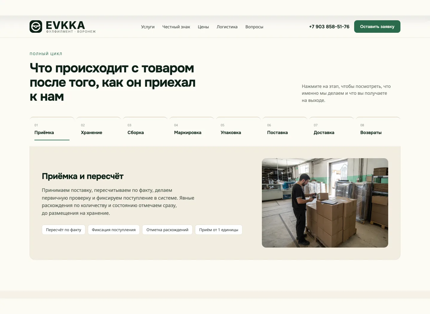 Interactive process block: eight stages of handling goods in the warehouse